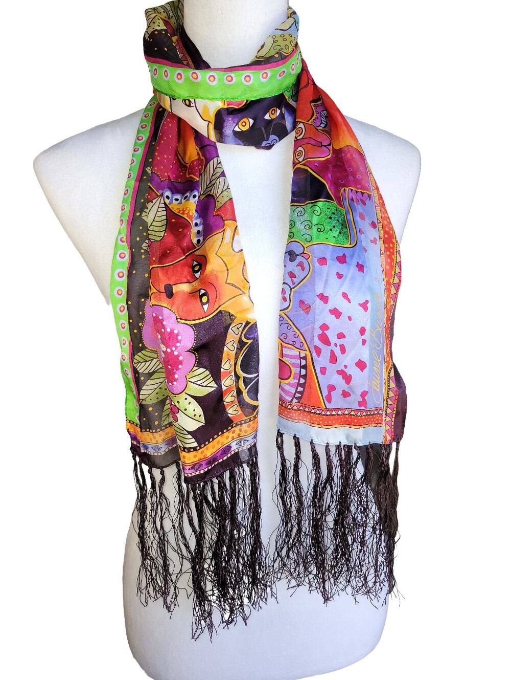 Laurel Burch 100% Silk Dog Print Scarf Tassel Hem Whimsical Art
